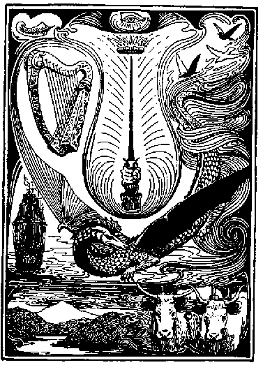 harp, sword, crown, eye, dragon