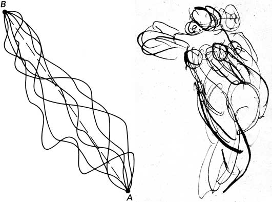 Particle wave patterns and human figure sketch